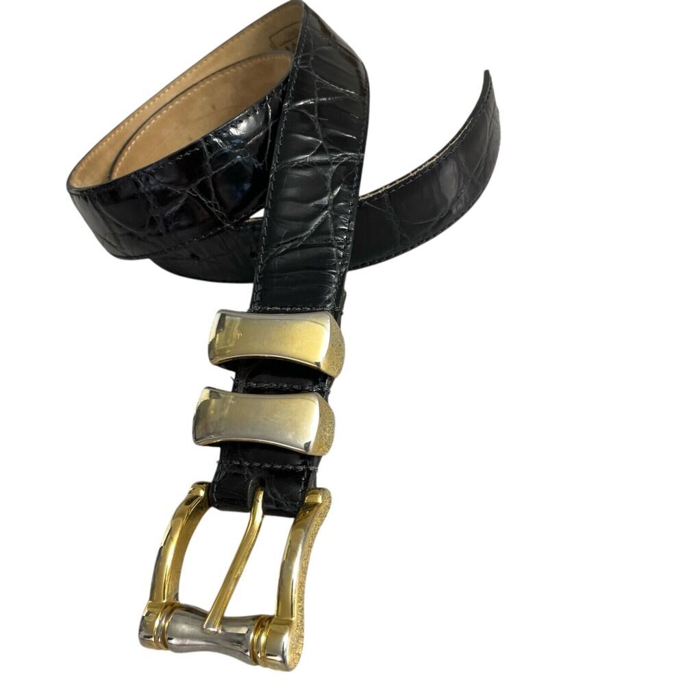 WCM New York Womens Leather Belt Medium Gold Toned Embossed Italian Dress USA